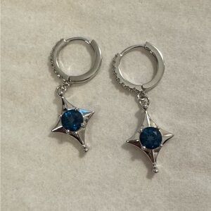 London blue topaz earrings mini hoops with zircons round star shape silver 925